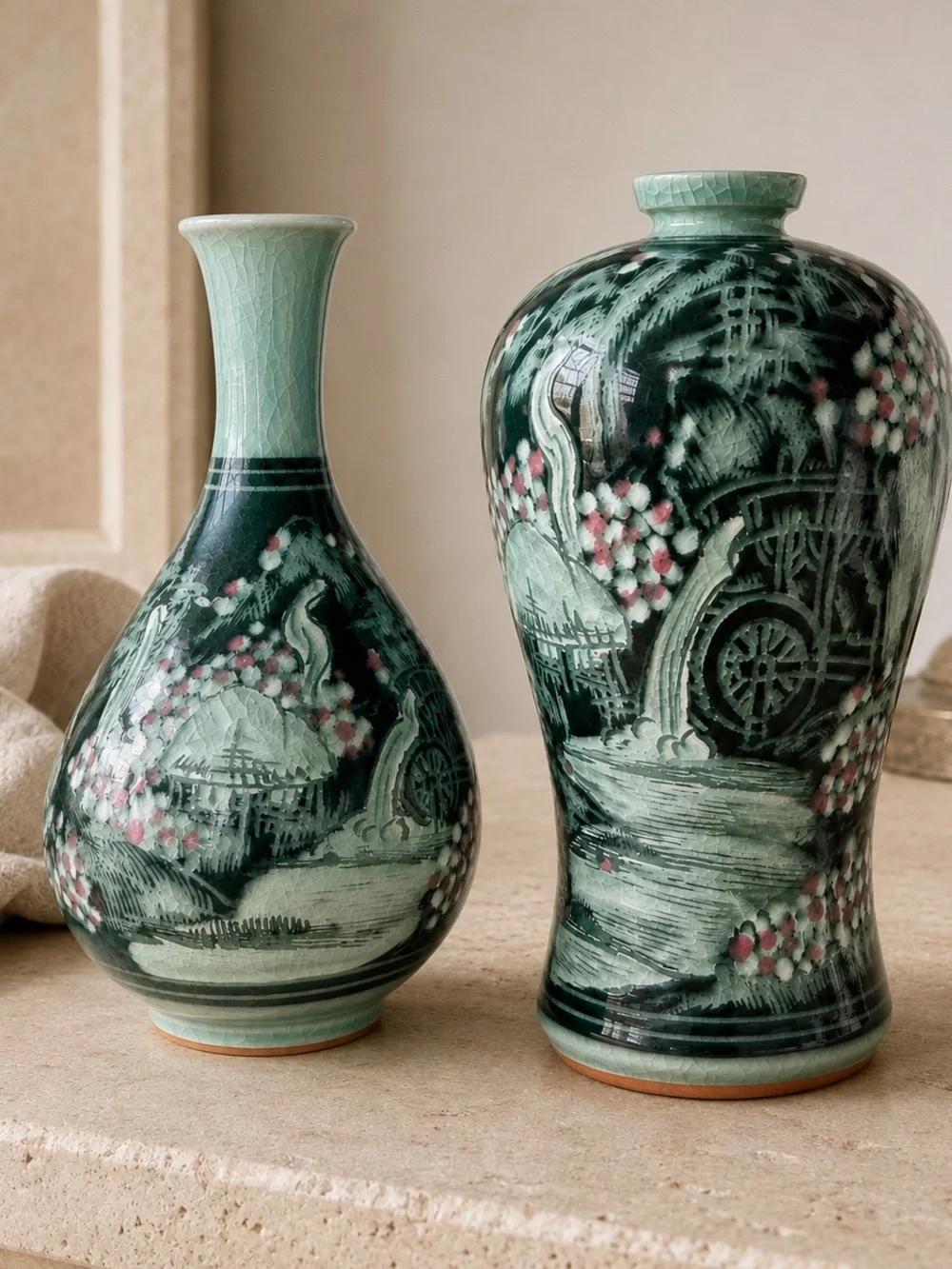 Vintage Korean Haegwang Celadon Sanggam Vase Pair w/ Certificate